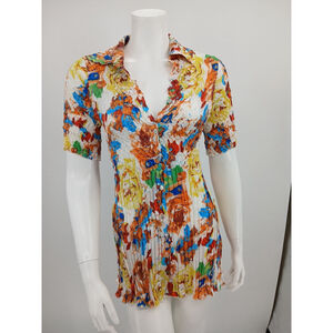 Alberto Makali Floral Crinkle Pleated Tunic Top M Button Front Polyester